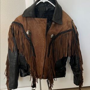 Brown and Black Leather Fringe Jacket